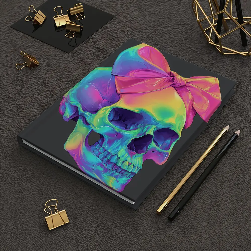 Rainbow Skull With Pink Bow Dark Background – Notebooks