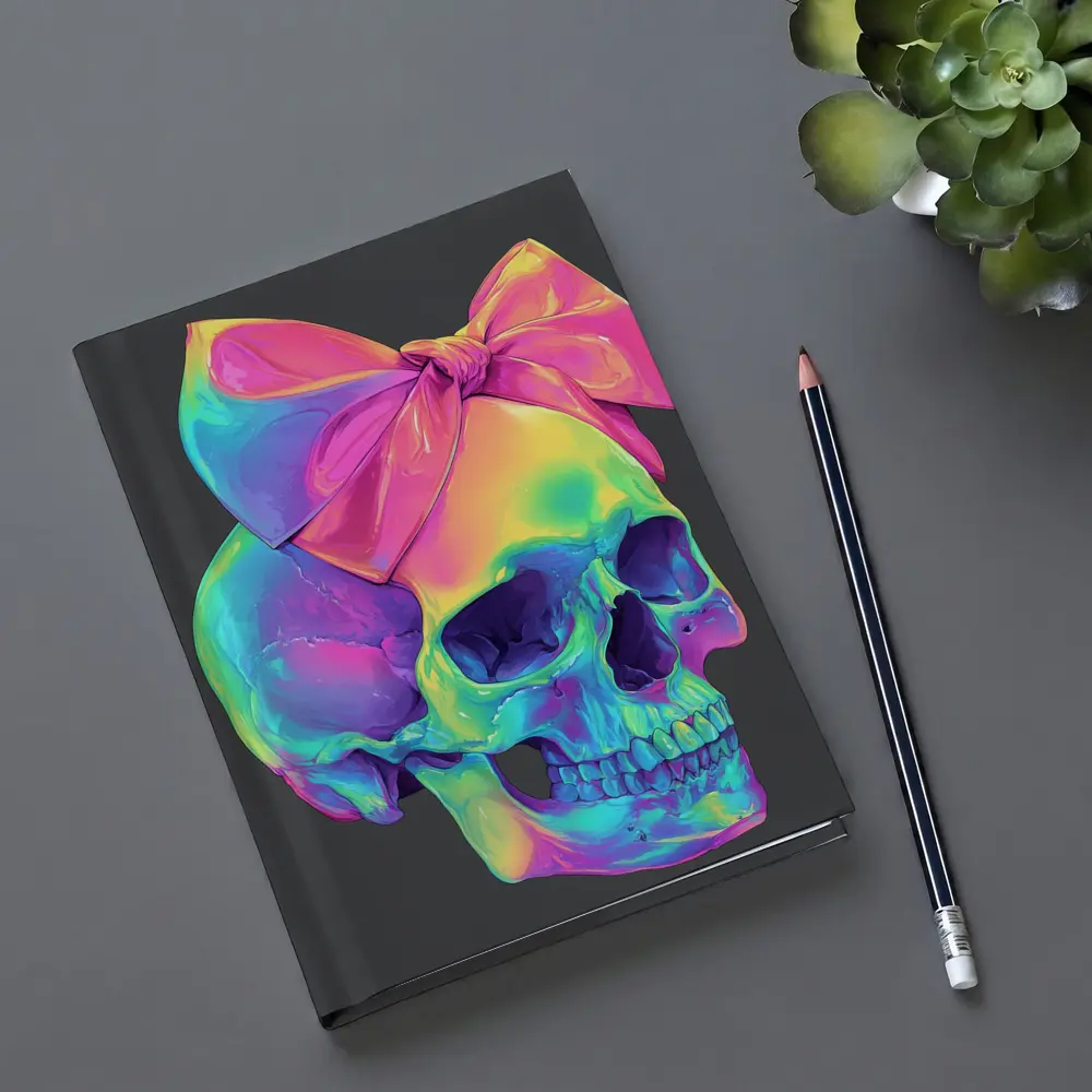 Rainbow Skull With Pink Bow Dark Background – Notebooks