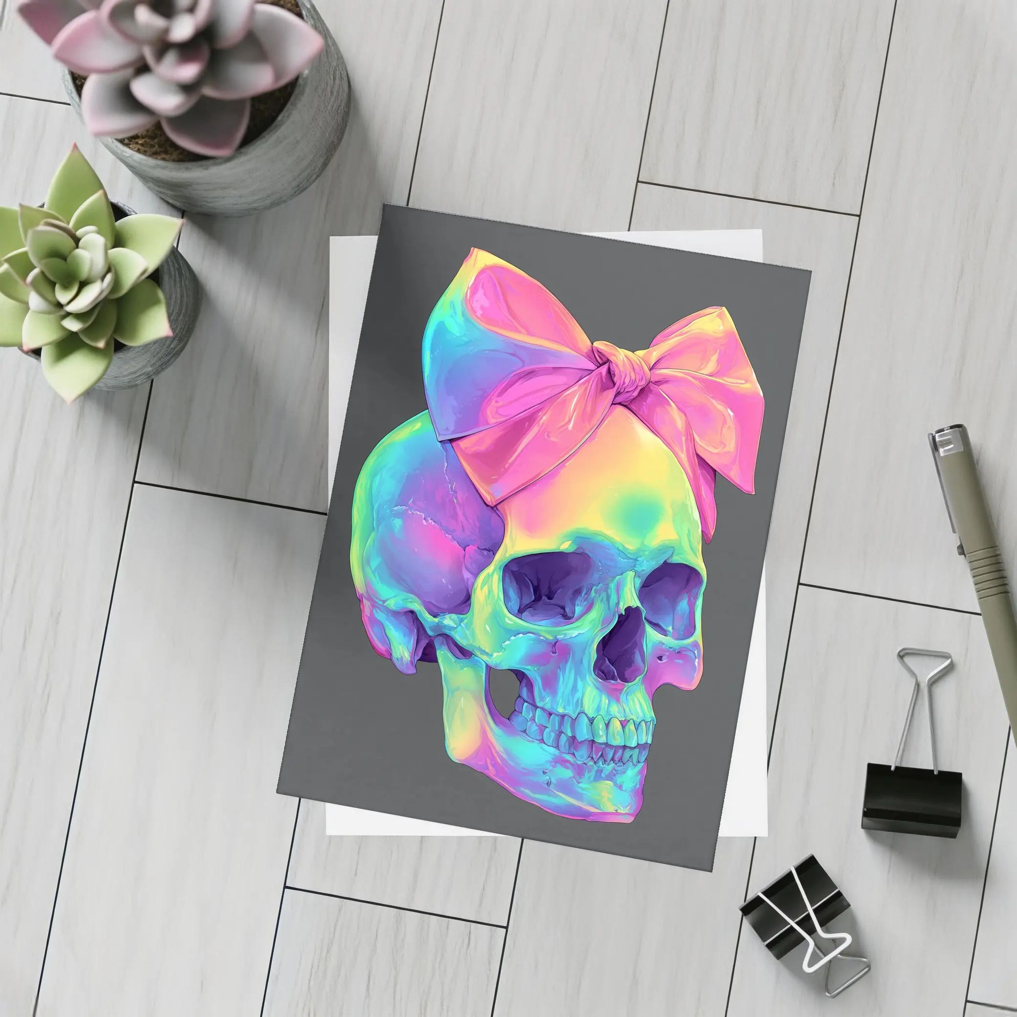 Rainbow Skull With Pink Bow Dark Background – Postcards