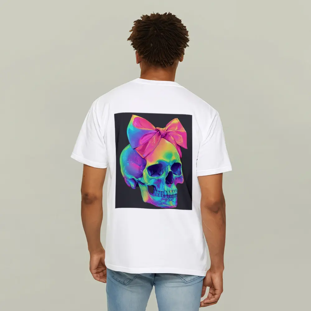 Rainbow Skull With Pink Bow Dark Background – T-Shirts
