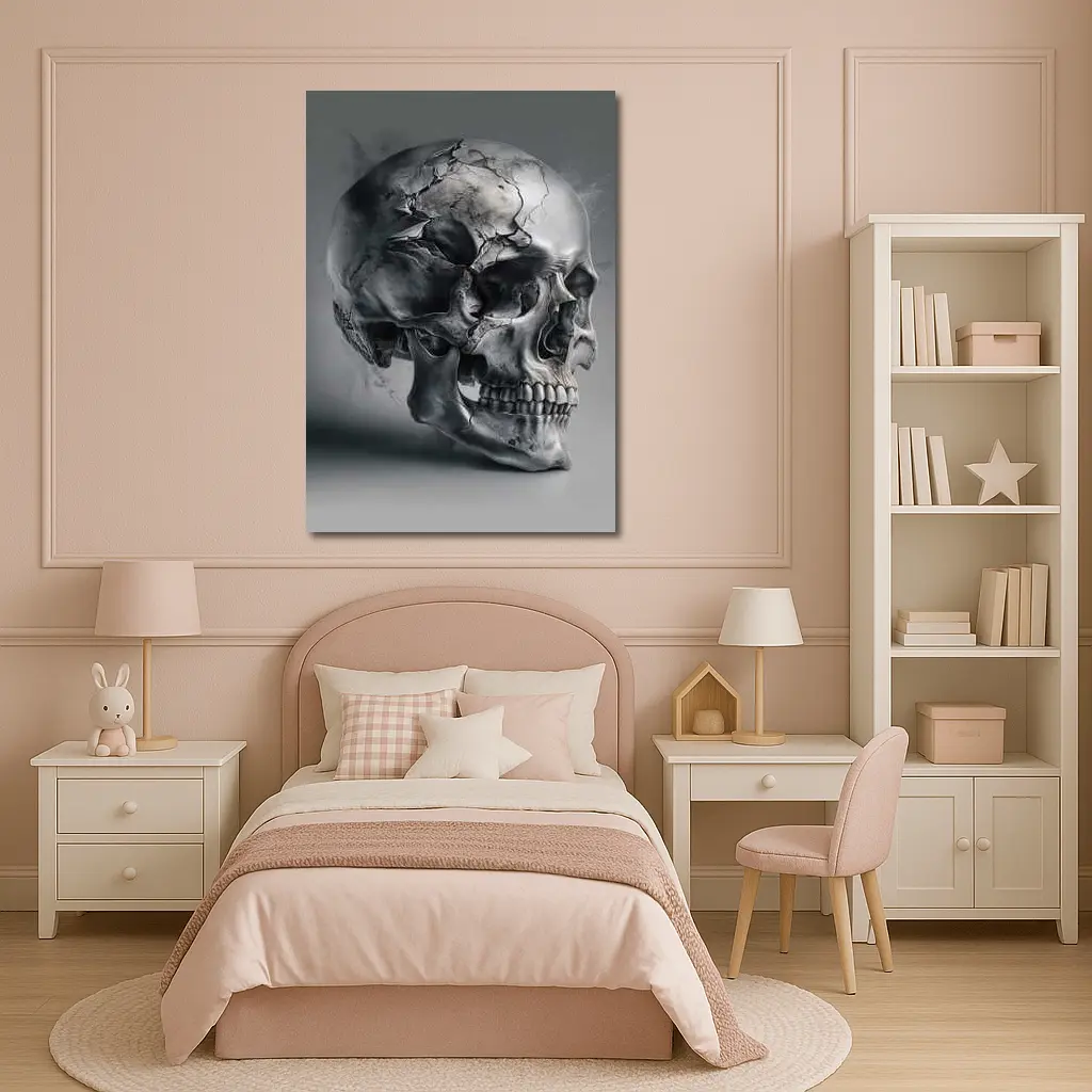 Cracked Metallic Skull Dark Gray Background – Wall Art