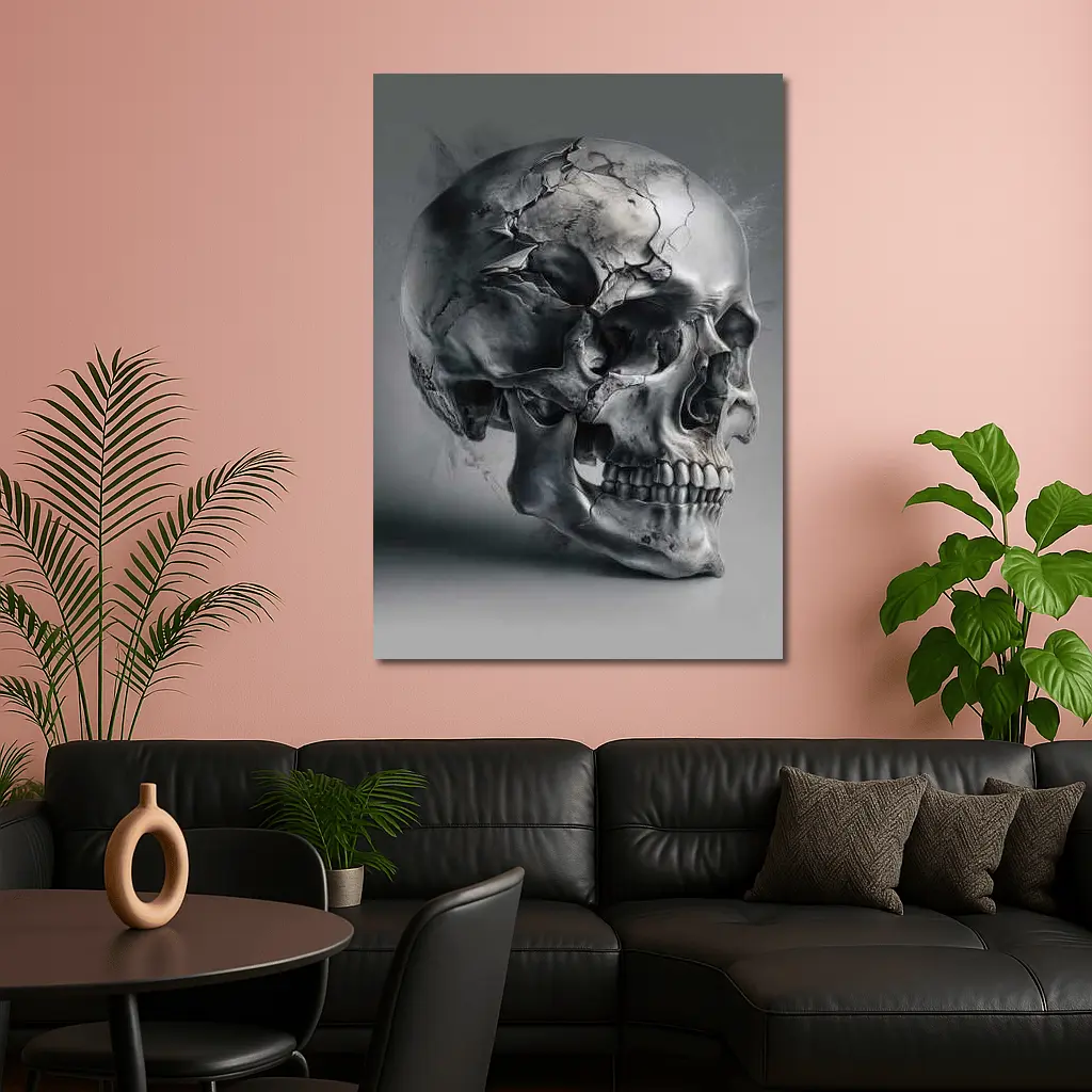 Cracked Metallic Skull Dark Gray Background – Wall Art
