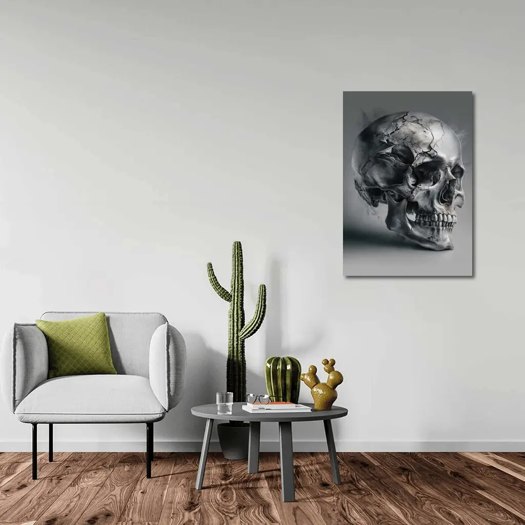 Cracked Metallic Skull Dark Gray Background – Wall Art