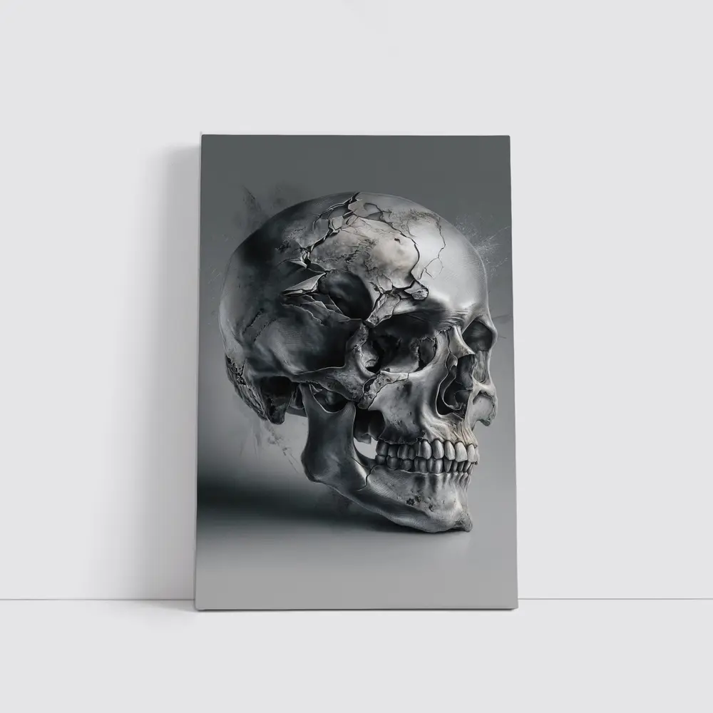 Cracked Metallic Skull Dark Gray Background – Wall Art