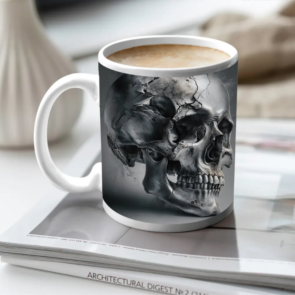 Cracked Metallic Skull Dark Gray Background – Mugs