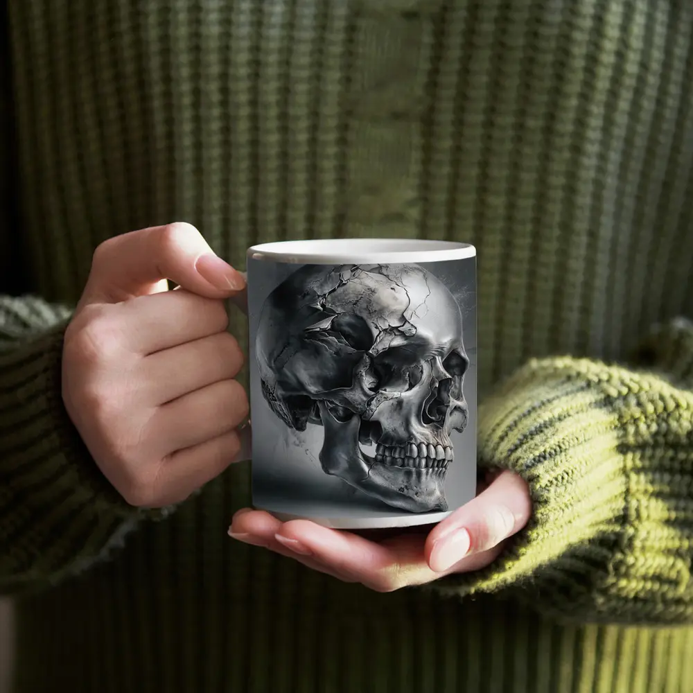 Cracked Metallic Skull Dark Gray Background – Mugs