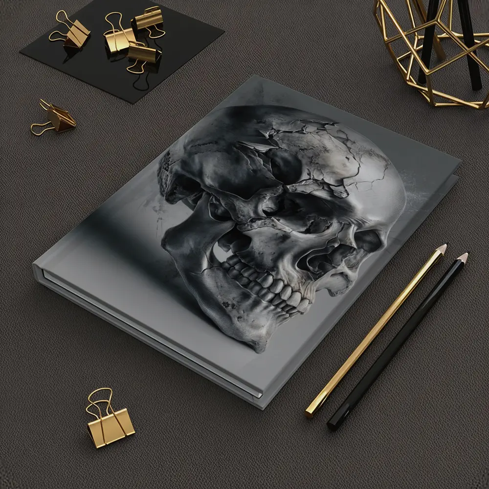 Cracked Metallic Skull Dark Gray Background – Notebooks