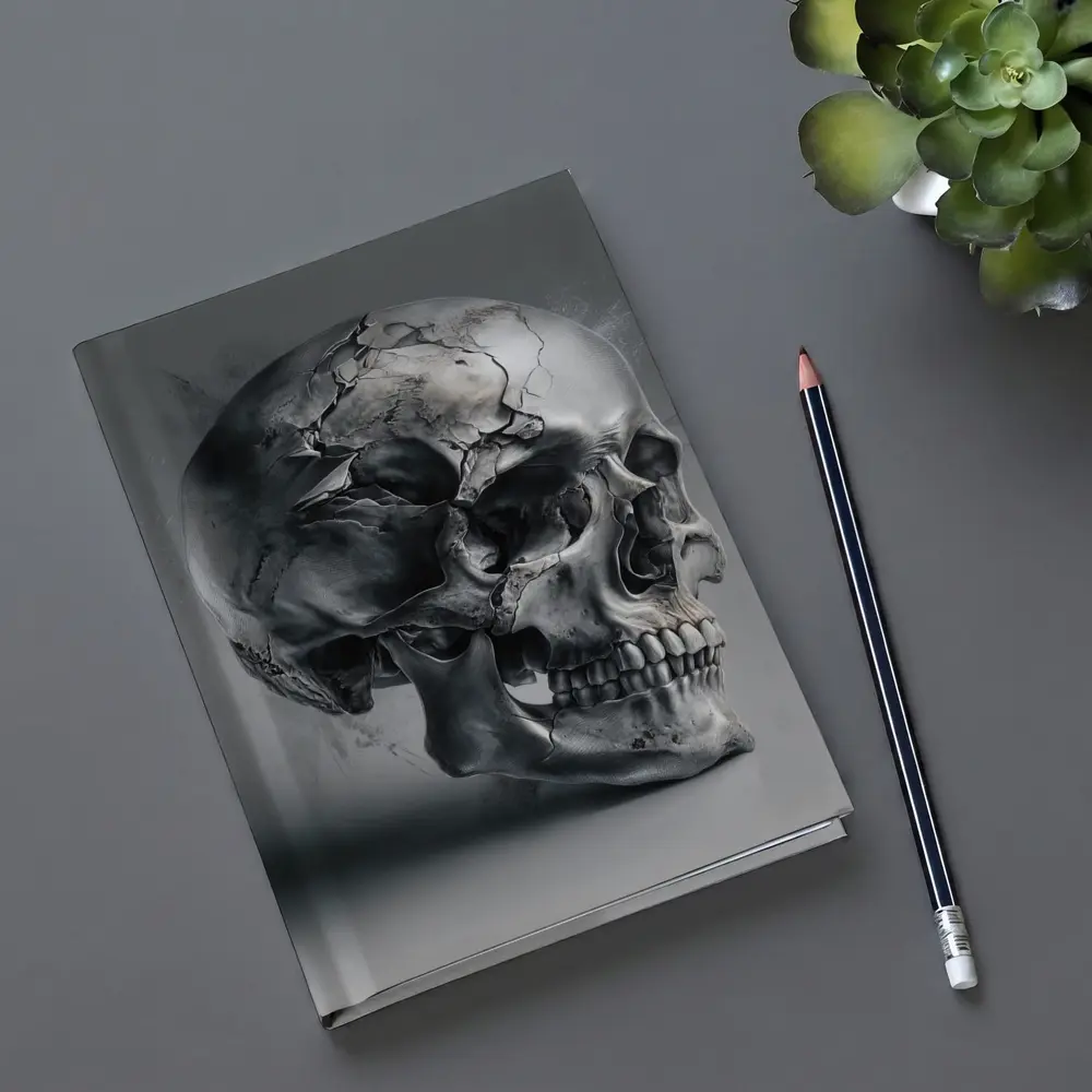 Cracked Metallic Skull Dark Gray Background – Notebooks