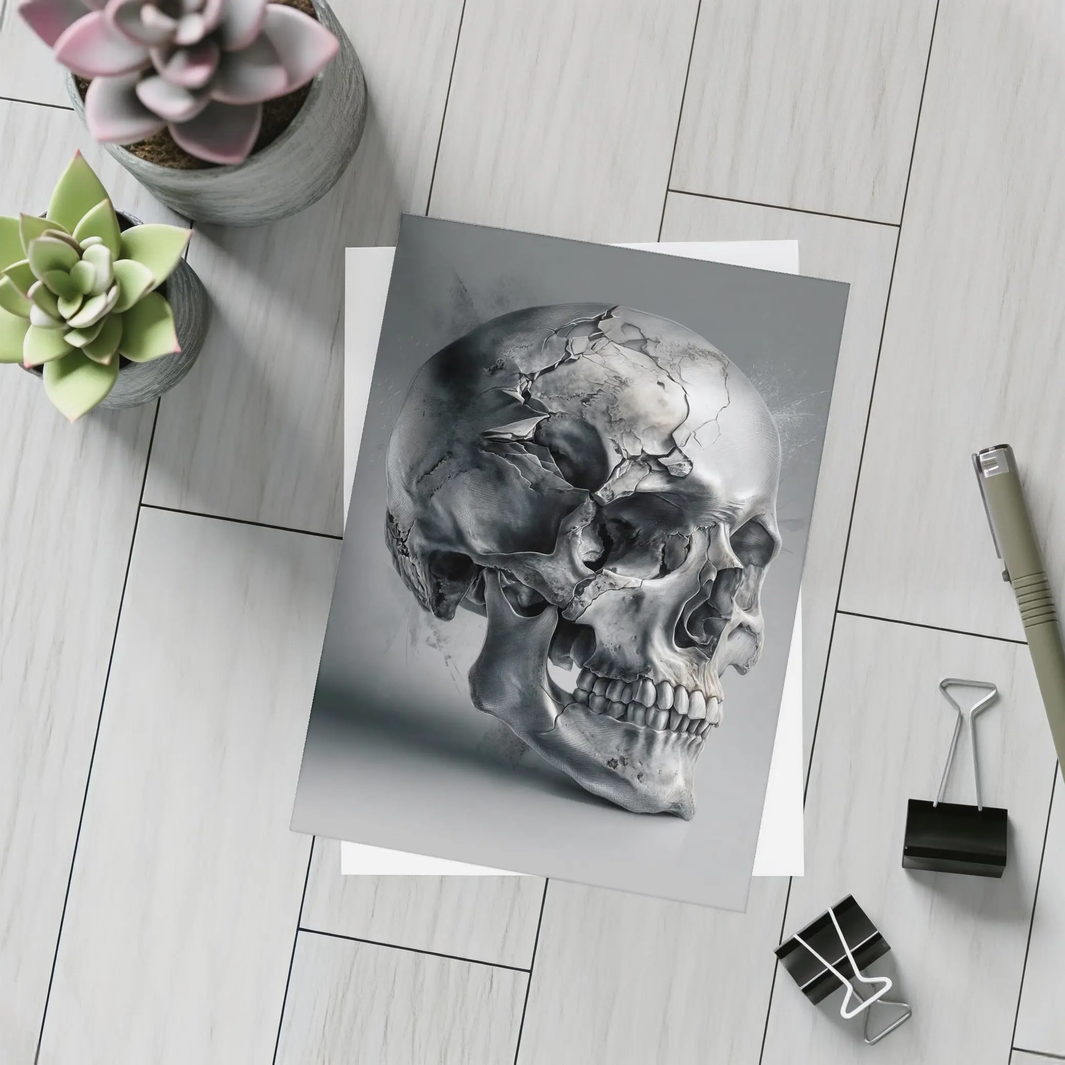Cracked Metallic Skull Dark Gray Background – Postcards