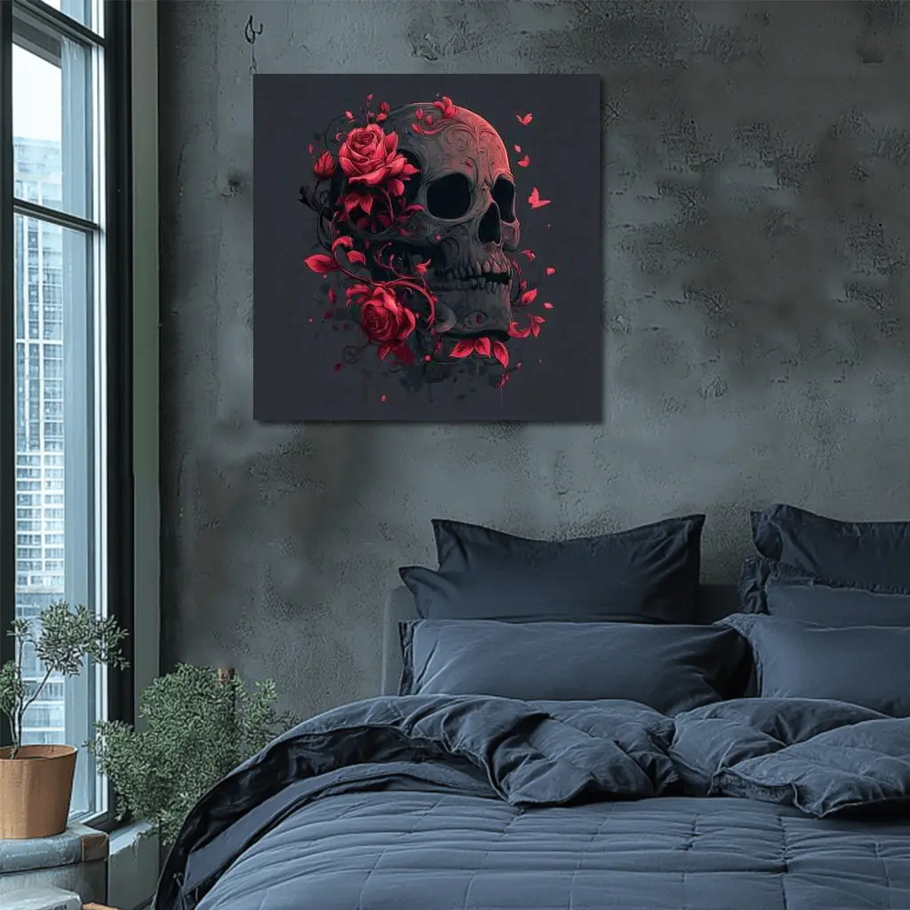 Dark Skull With Red Roses Gothic Art – Wall Art