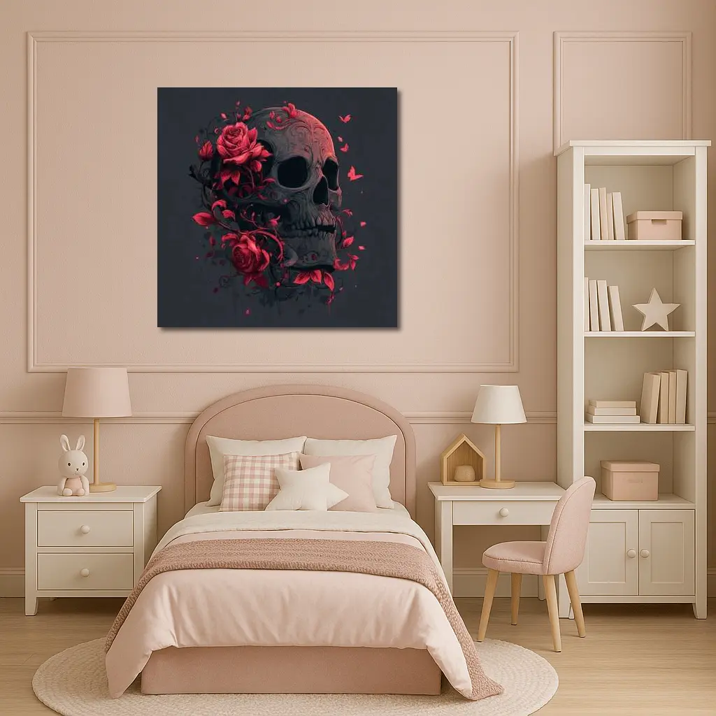 Dark Skull With Red Roses Gothic Art – Wall Art