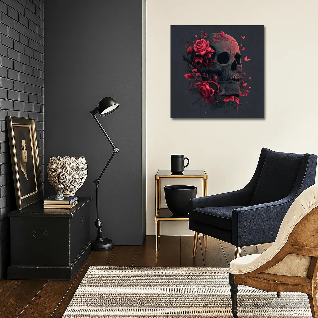 Dark Skull With Red Roses Gothic Art – Wall Art