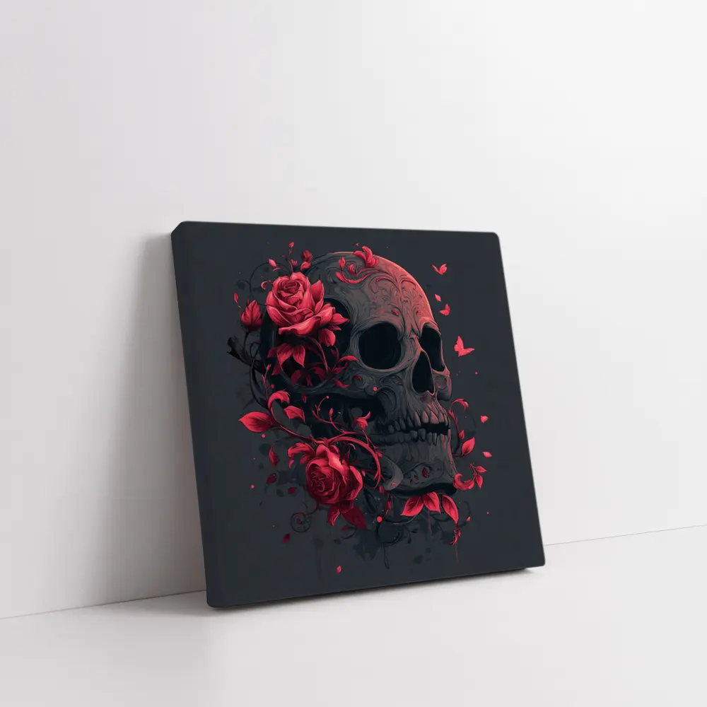 Dark Skull With Red Roses Gothic Art – Wall Art