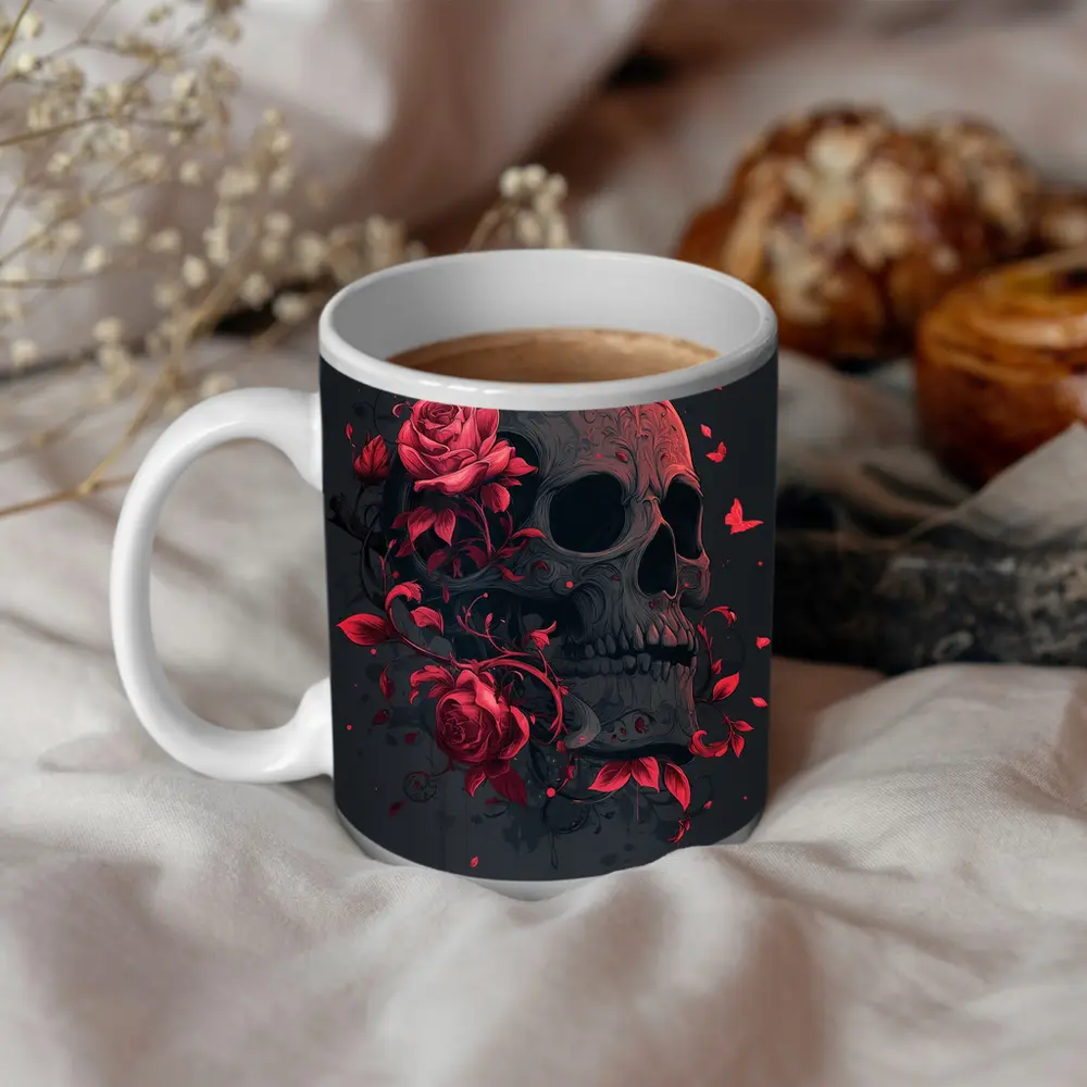 Dark Skull With Red Roses Gothic Art – Mugs