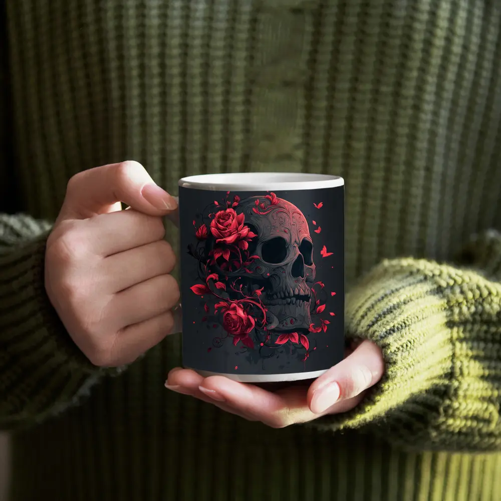 Dark Skull With Red Roses Gothic Art – Mugs