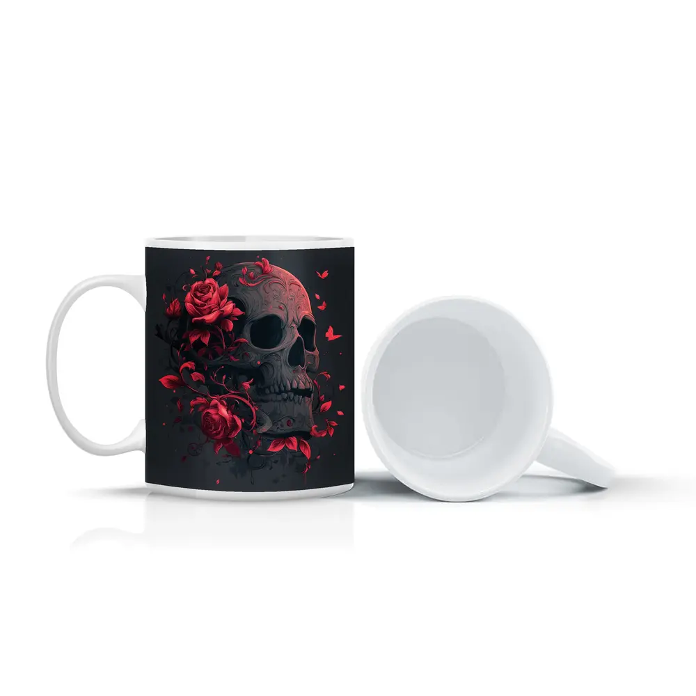 Dark Skull With Red Roses Gothic Art – Mugs