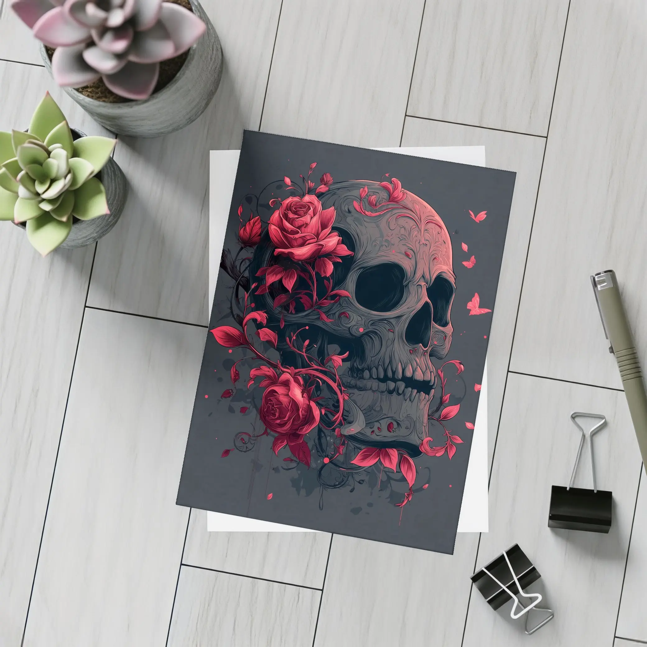 Dark Skull With Red Roses Gothic Art – Postcards