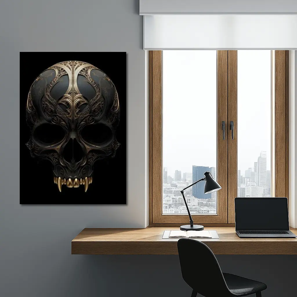 Dark Gothic Skull Gold Ornate Black Background – Wall Art