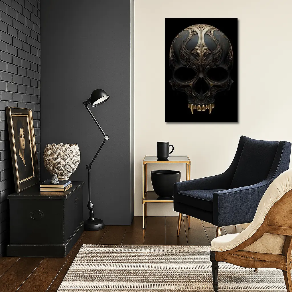Dark Gothic Skull Gold Ornate Black Background – Wall Art