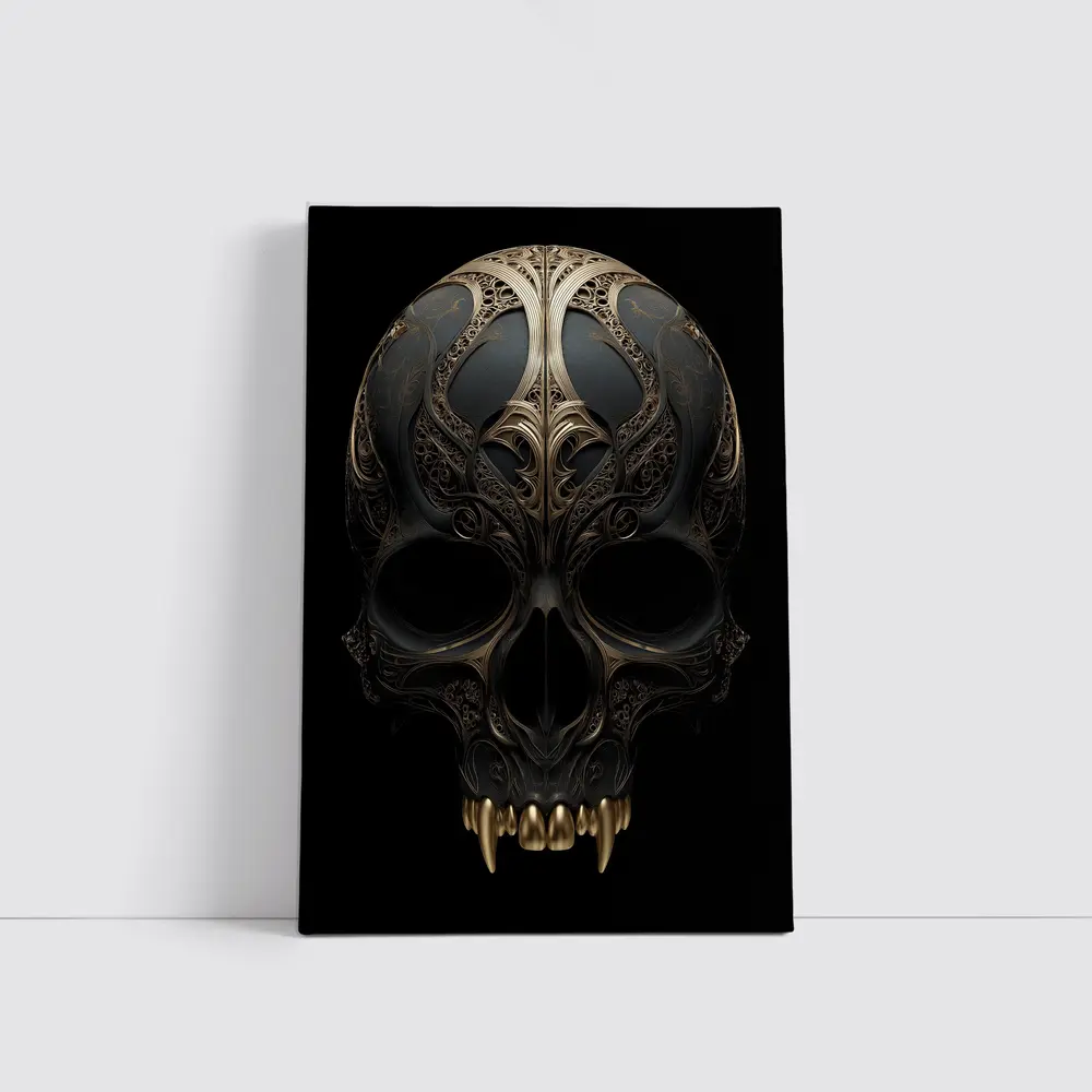 Dark Gothic Skull Gold Ornate Black Background – Wall Art