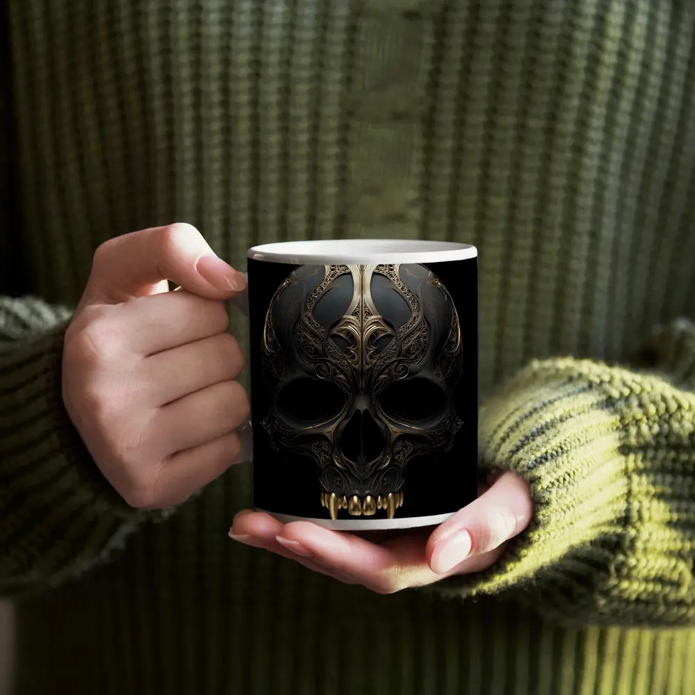 Dark Gothic Skull Gold Ornate Black Background – Mugs