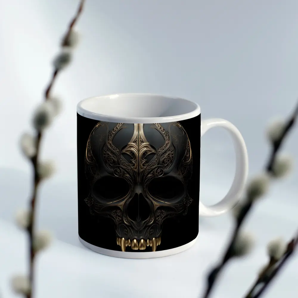 Dark Gothic Skull Gold Ornate Black Background – Mugs
