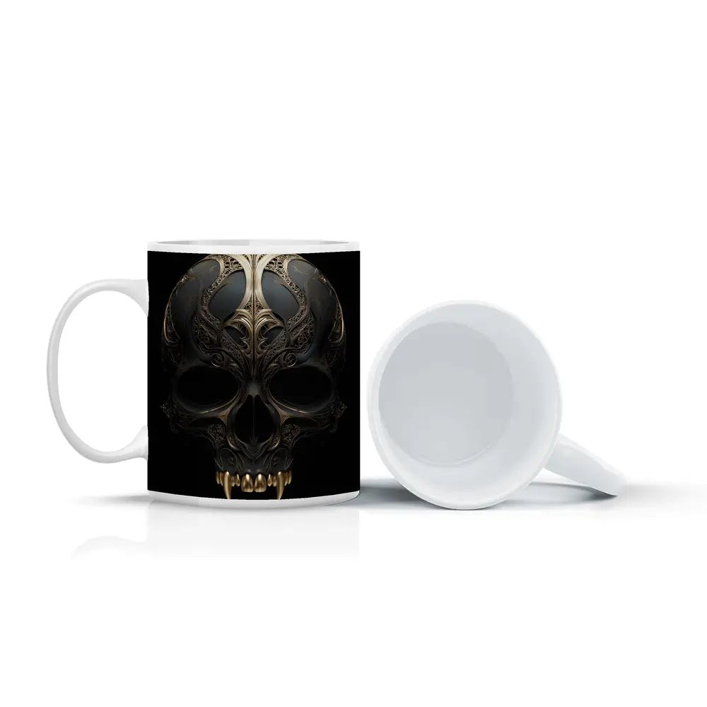 Dark Gothic Skull Gold Ornate Black Background – Mugs