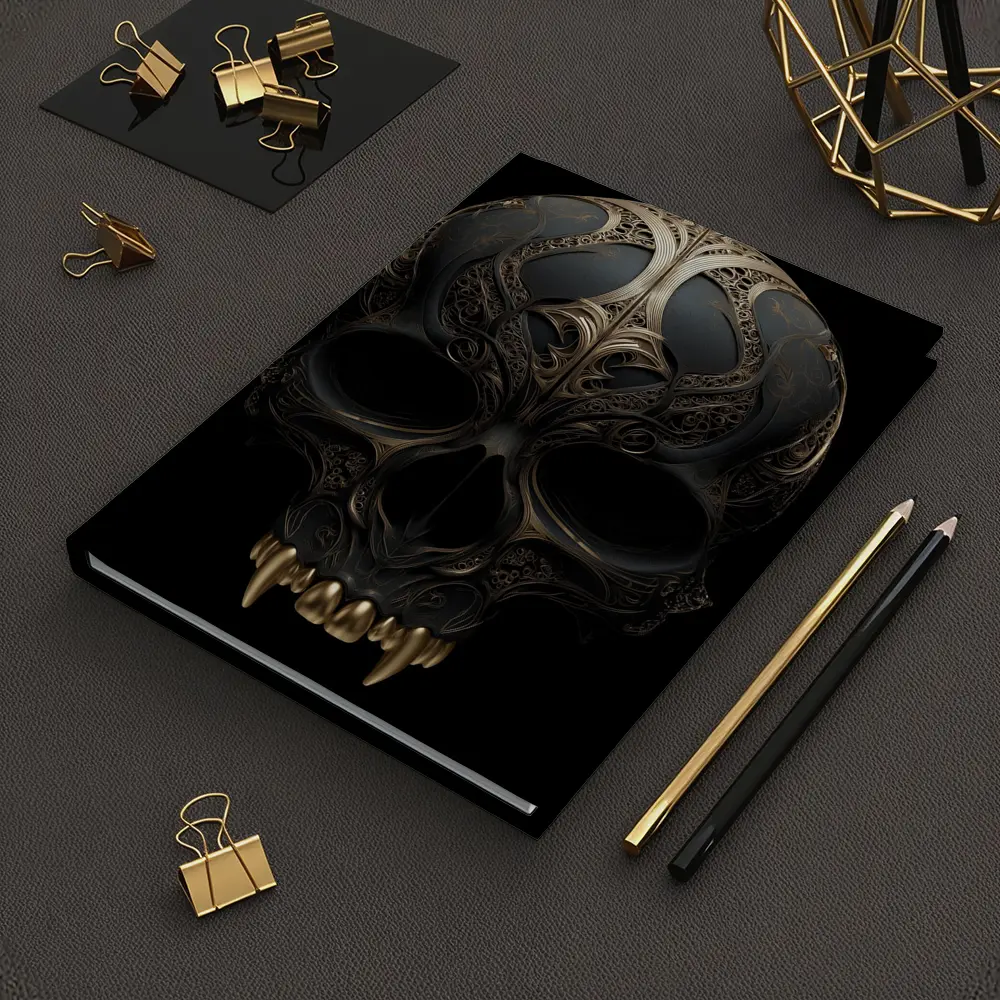 Dark Gothic Skull Gold Ornate Black Background – Notebooks
