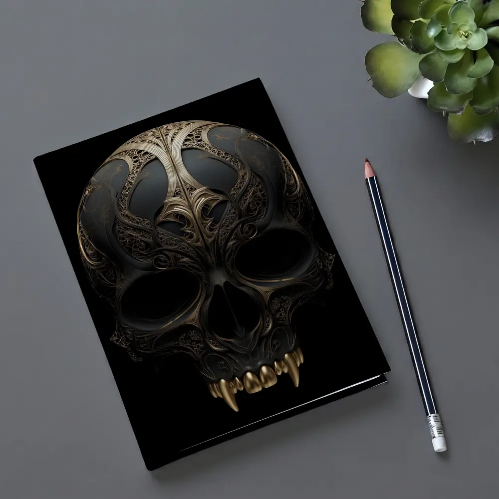 Dark Gothic Skull Gold Ornate Black Background – Notebooks