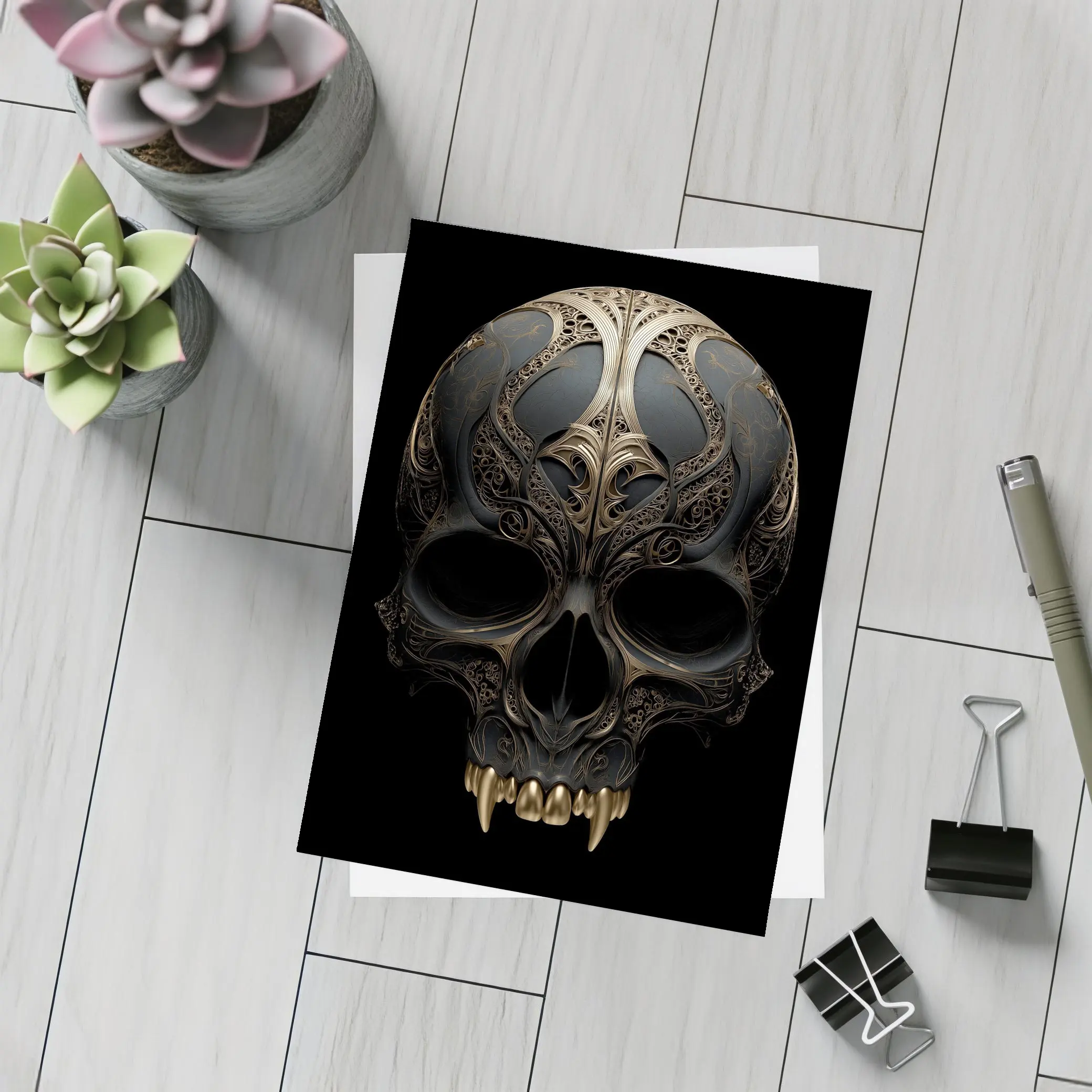 Dark Gothic Skull Gold Ornate Black Background – Postcards