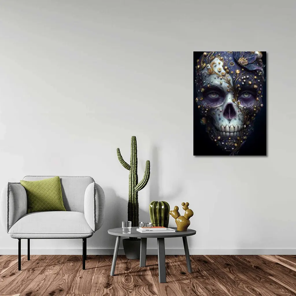 Ornate Sugar Skull Gold Floral Dark Background – Wall Art