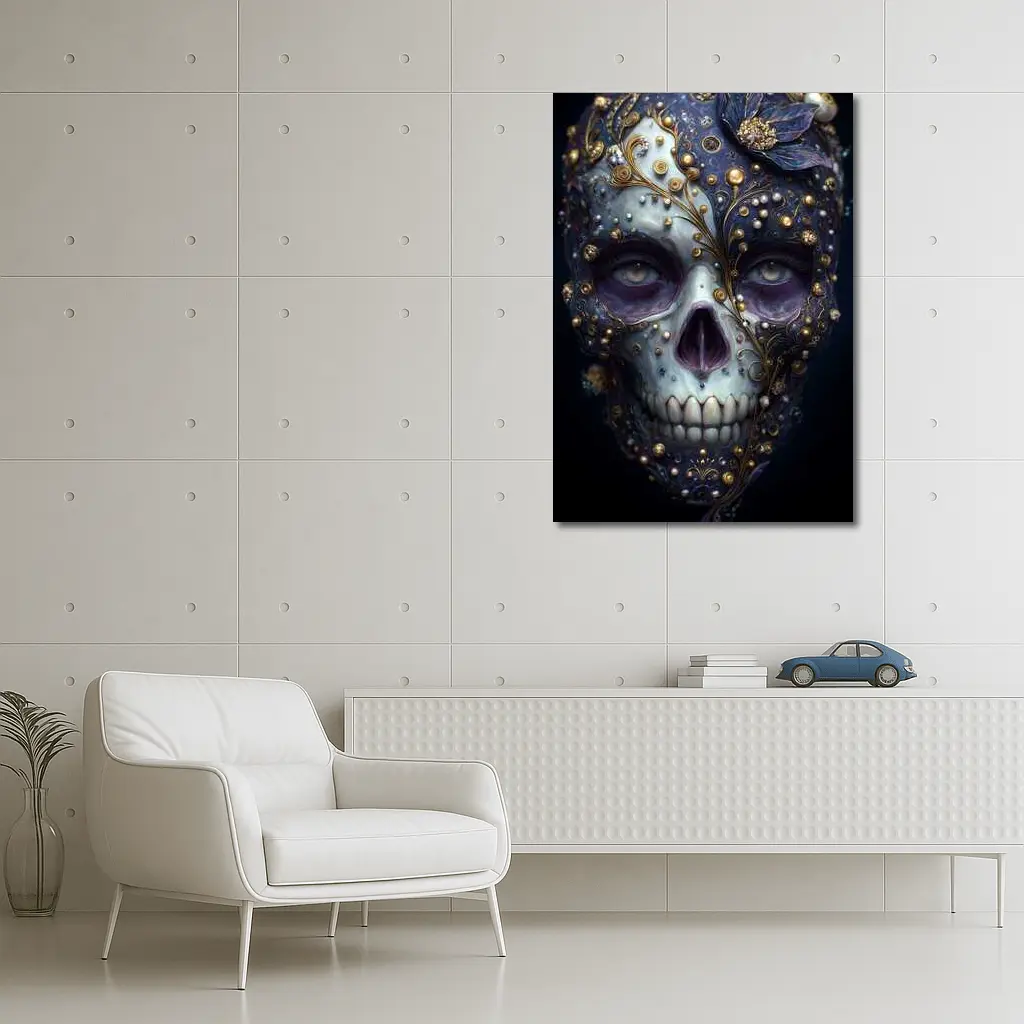 Ornate Sugar Skull Gold Floral Dark Background – Wall Art