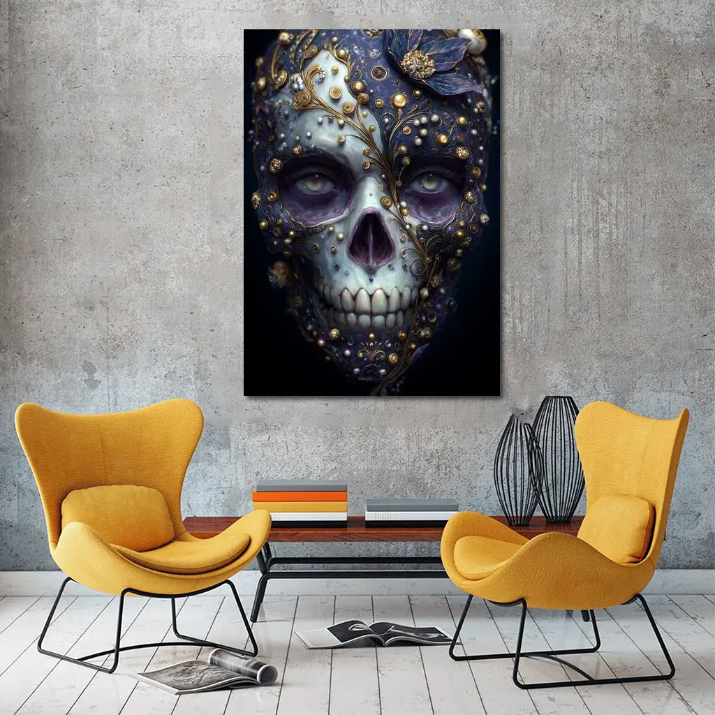 Ornate Sugar Skull Gold Floral Dark Background – Wall Art