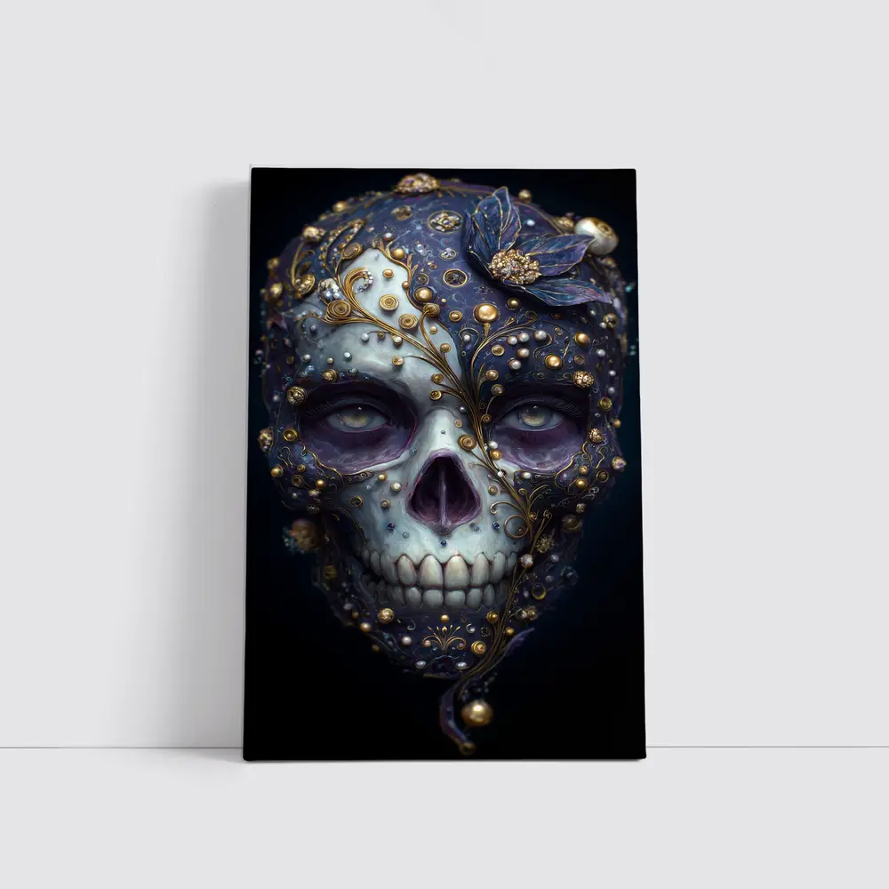 Ornate Sugar Skull Gold Floral Dark Background – Wall Art