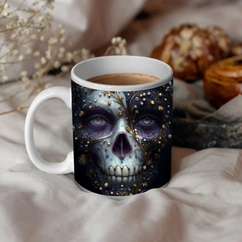 Ornate Sugar Skull Gold Floral Dark Background – Mugs