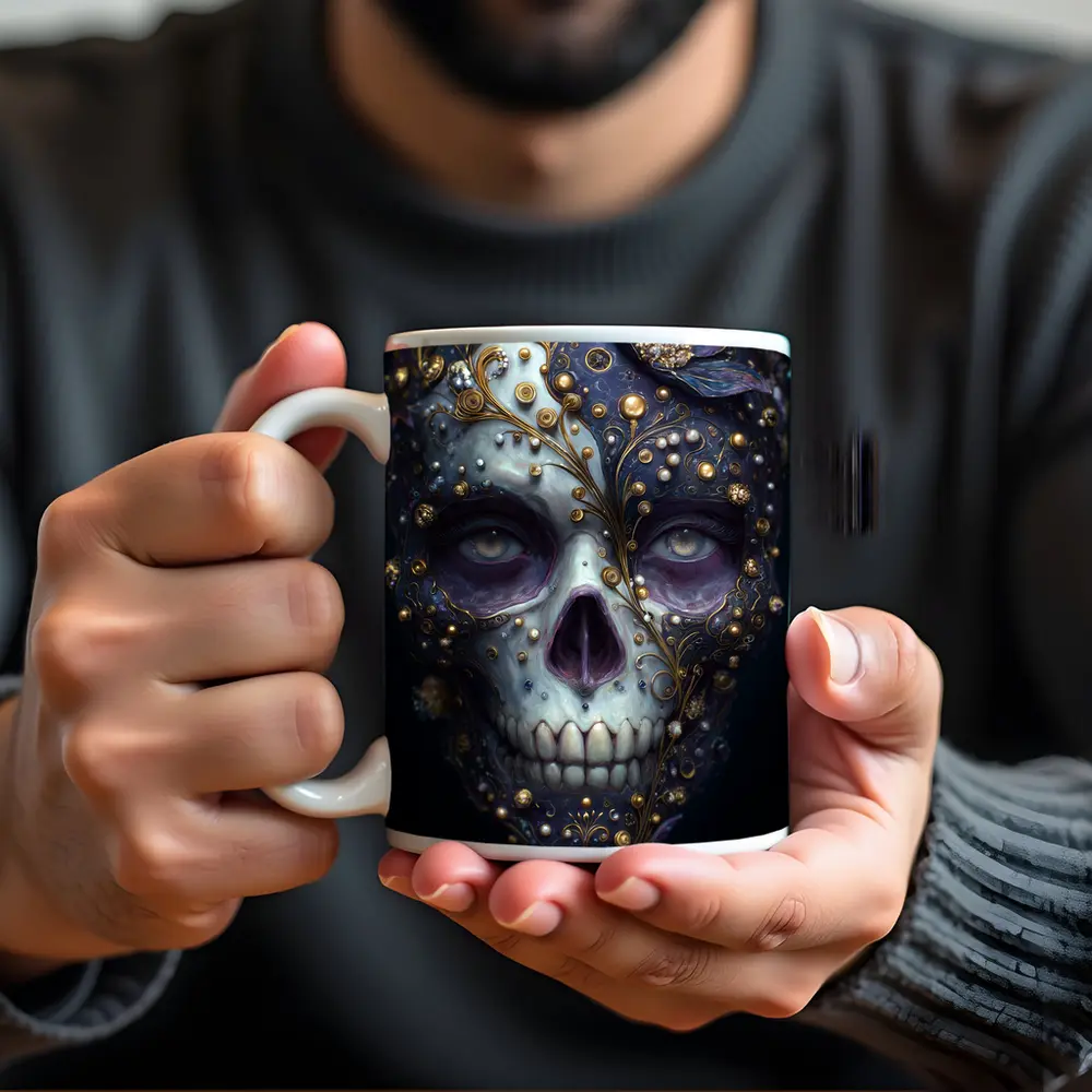 Ornate Sugar Skull Gold Floral Dark Background – Mugs