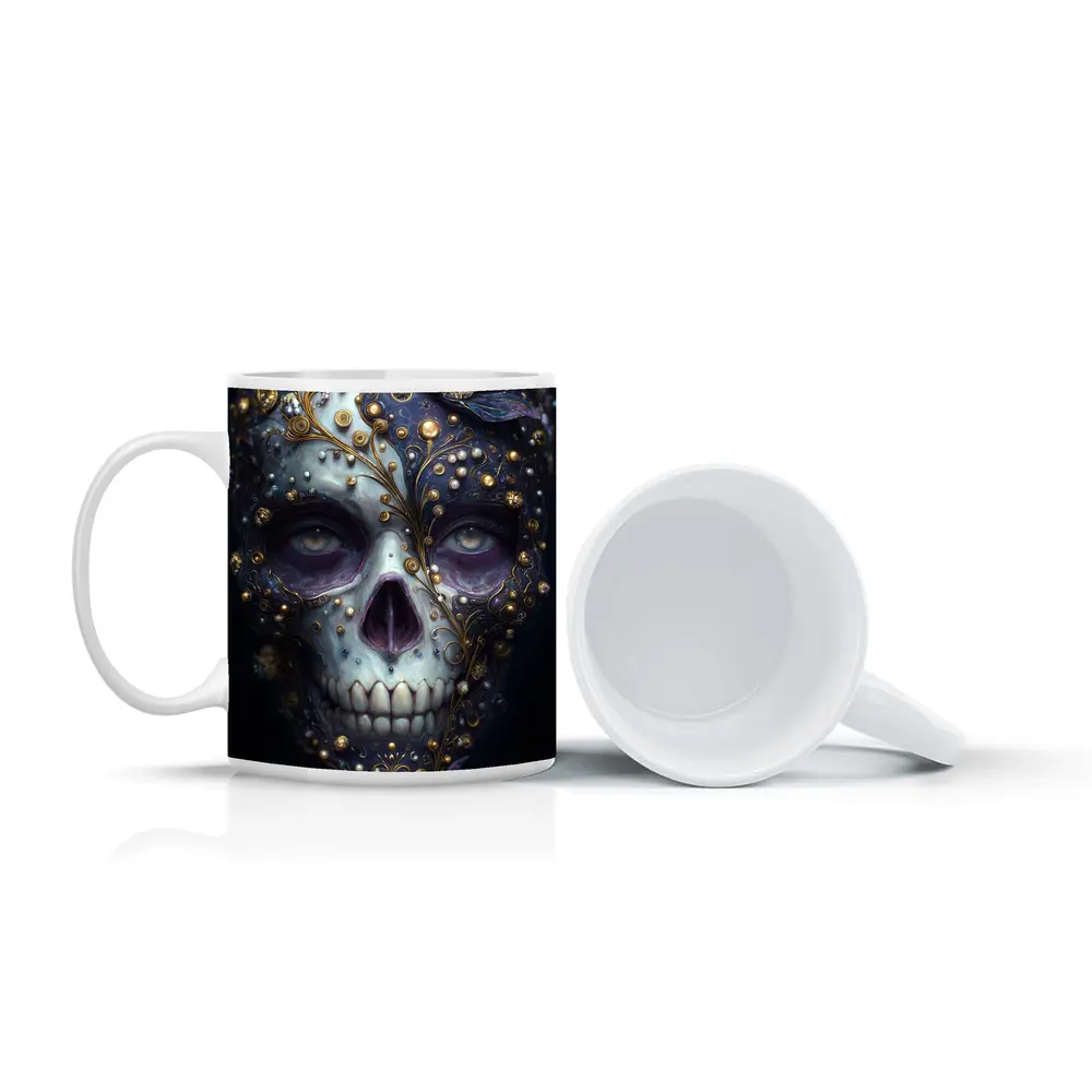 Ornate Sugar Skull Gold Floral Dark Background – Mugs