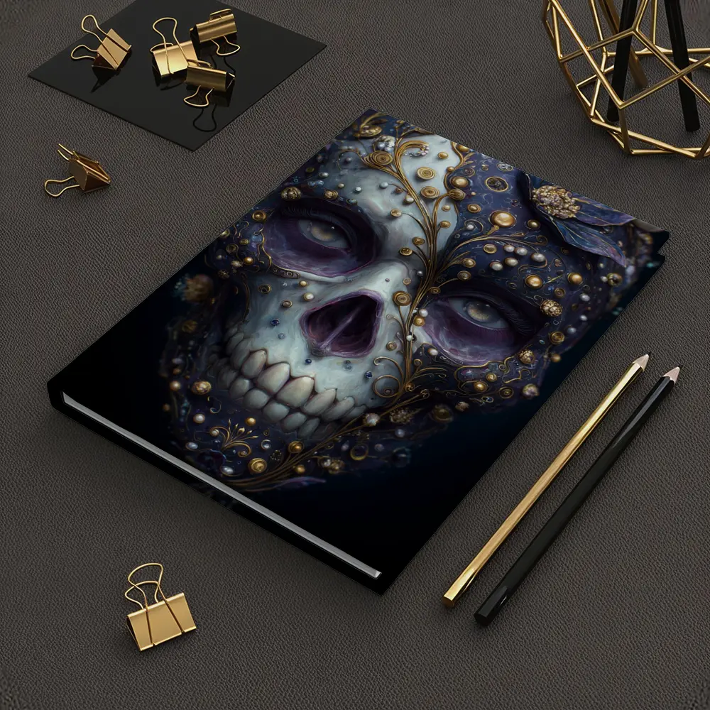 Ornate Sugar Skull Gold Floral Dark Background – Notebooks