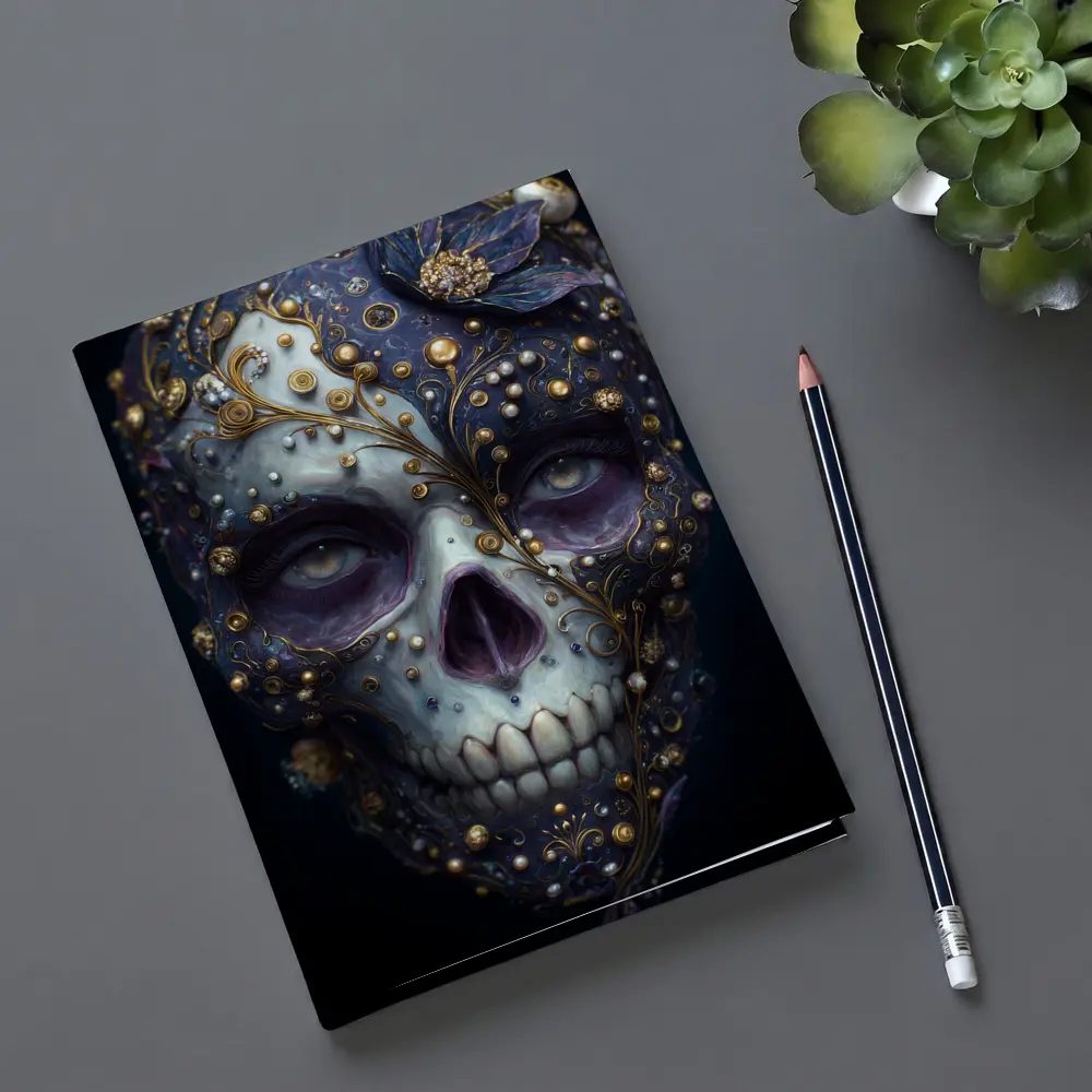 Ornate Sugar Skull Gold Floral Dark Background – Notebooks