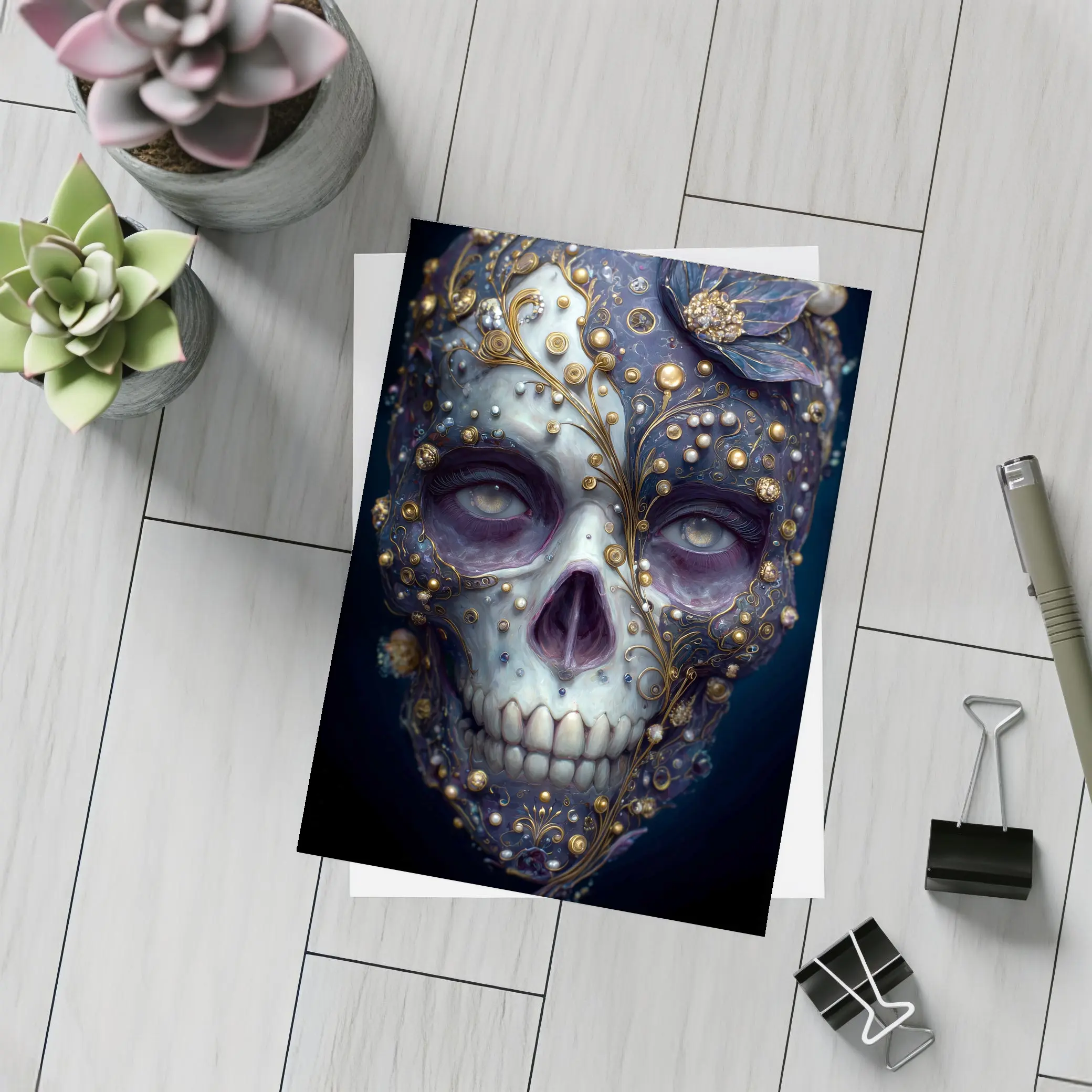 Ornate Sugar Skull Gold Floral Dark Background – Postcards