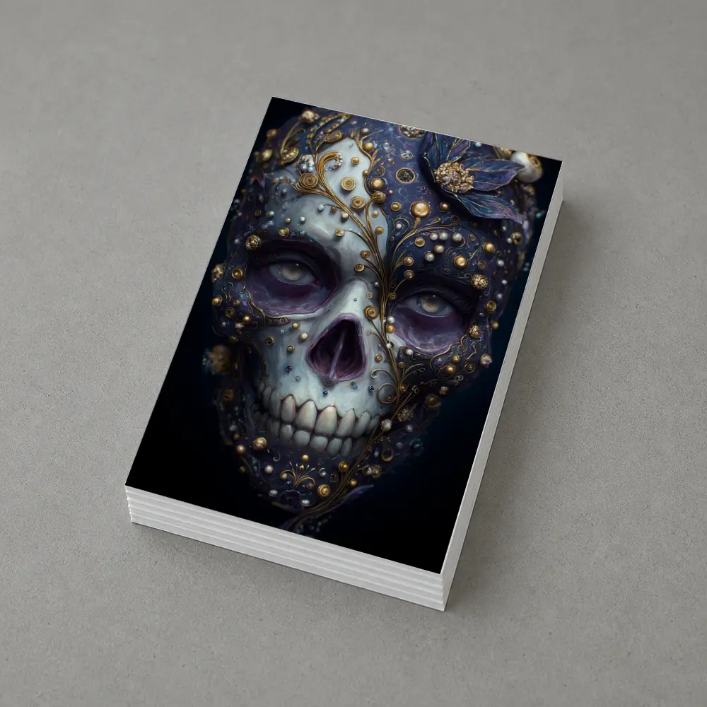 Ornate Sugar Skull Gold Floral Dark Background – Postcards