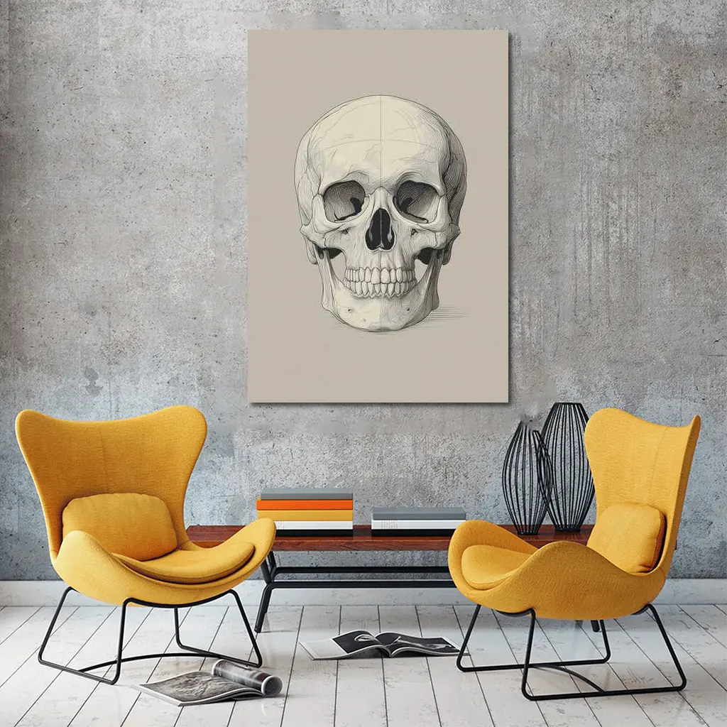 Human Skull Detailed Sketch Beige Background – Wall Art