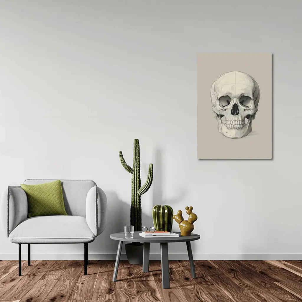Human Skull Detailed Sketch Beige Background – Wall Art