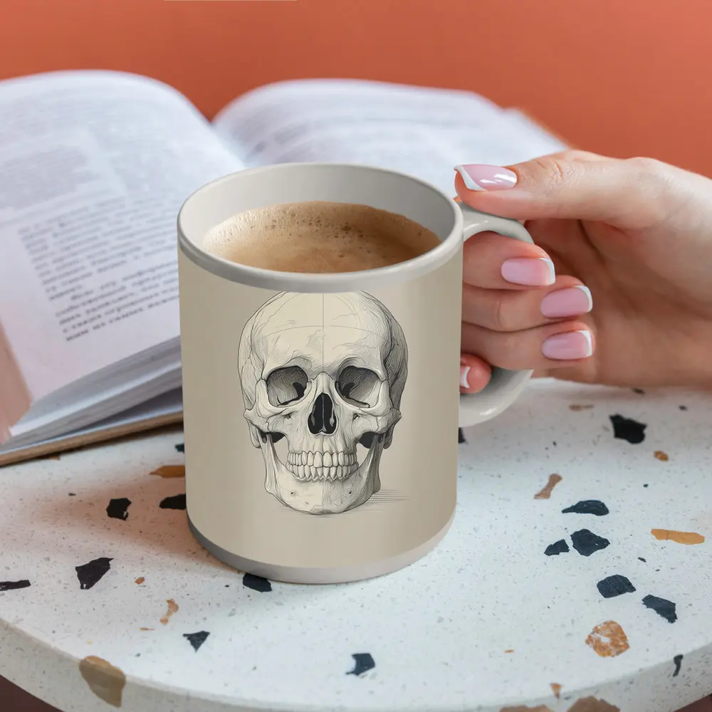 Human Skull Detailed Sketch Beige Background – Mugs
