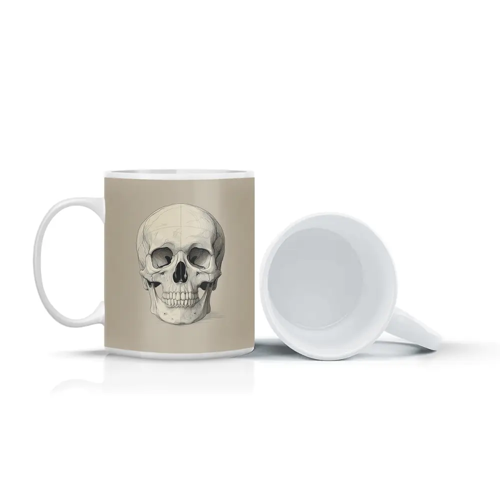 Human Skull Detailed Sketch Beige Background – Mugs