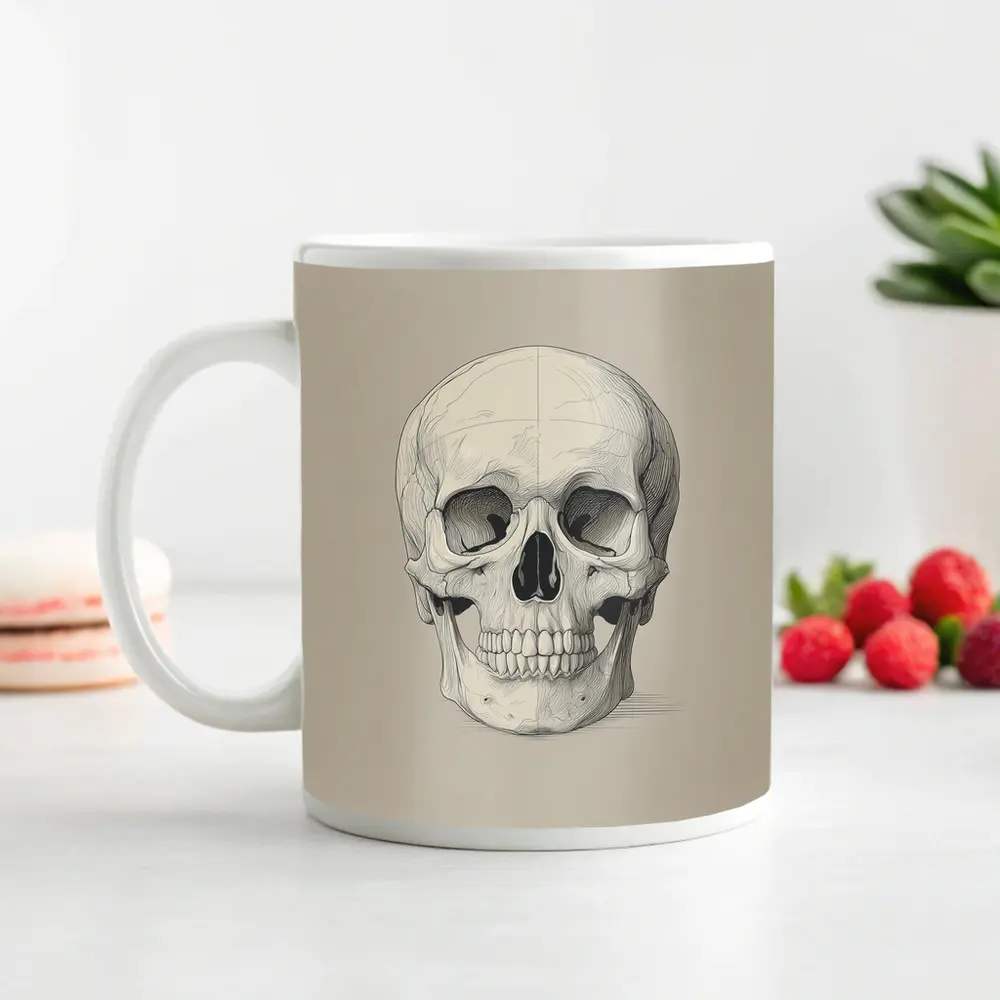 Human Skull Detailed Sketch Beige Background – Mugs