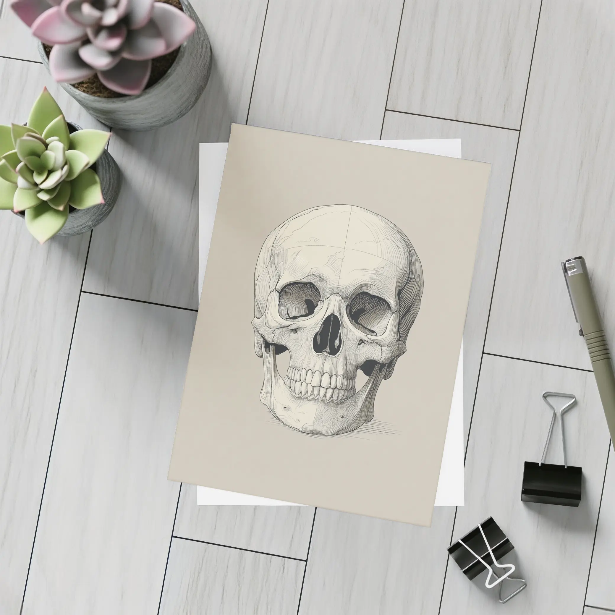 Human Skull Detailed Sketch Beige Background – Postcards