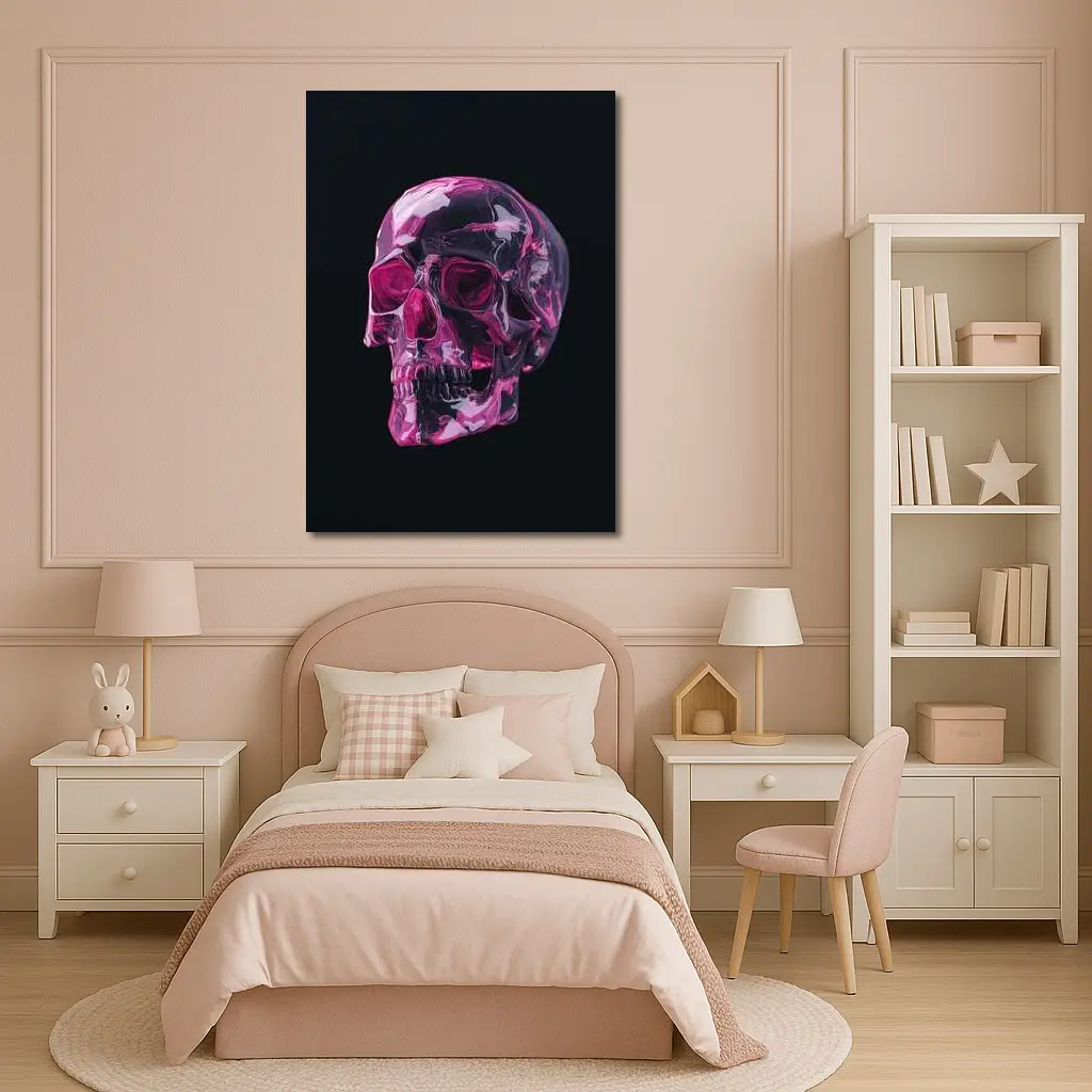 Pink Crystal Skull On Black Background – Wall Art