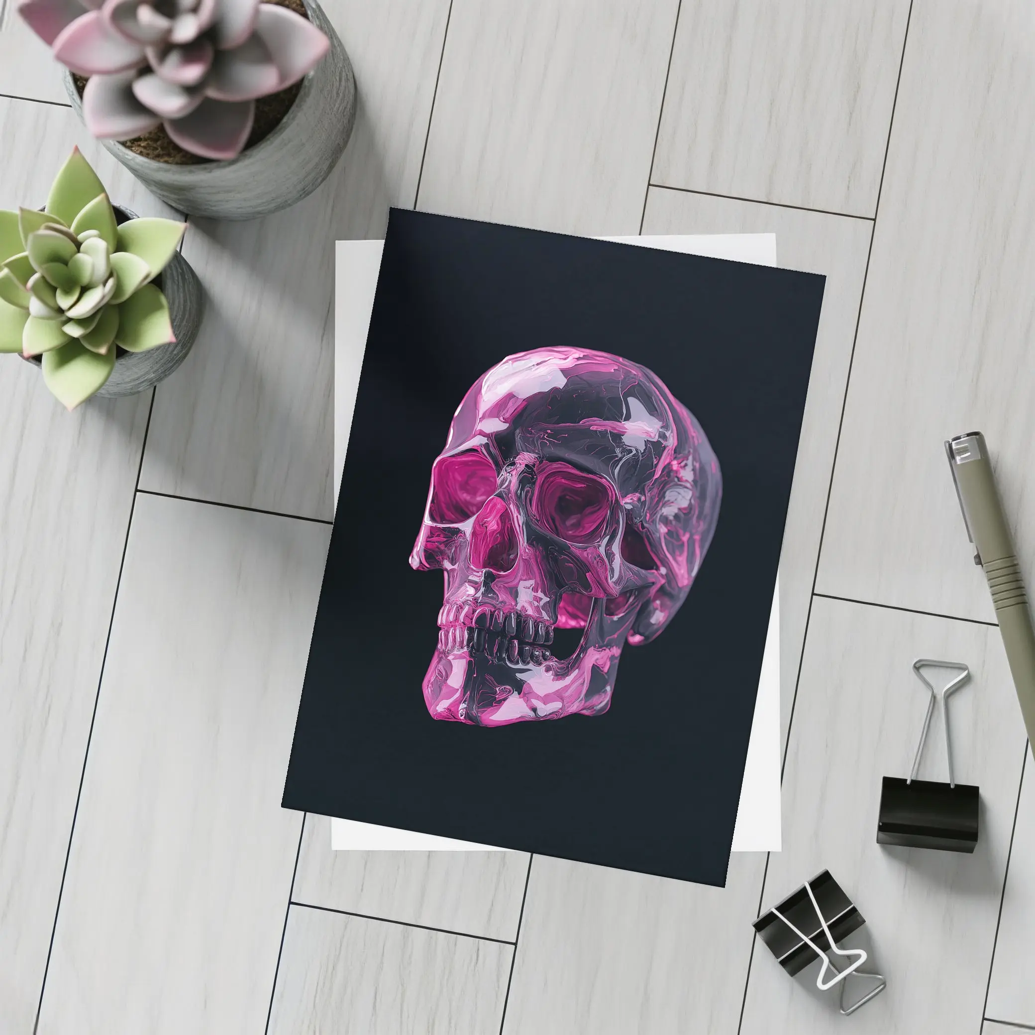 Pink Crystal Skull On Black Background – Postcards