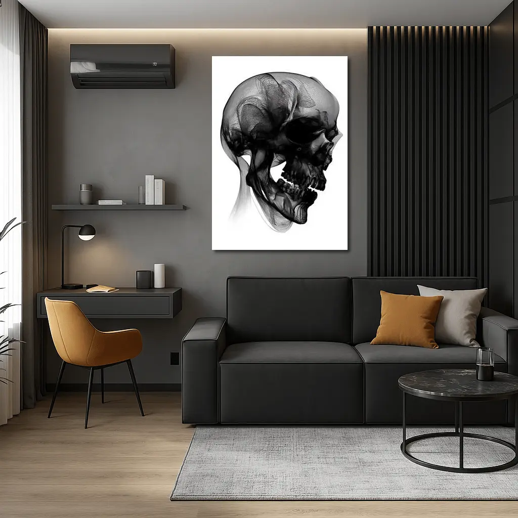 Black Mesh Wire Skull White Background Art – Wall Art